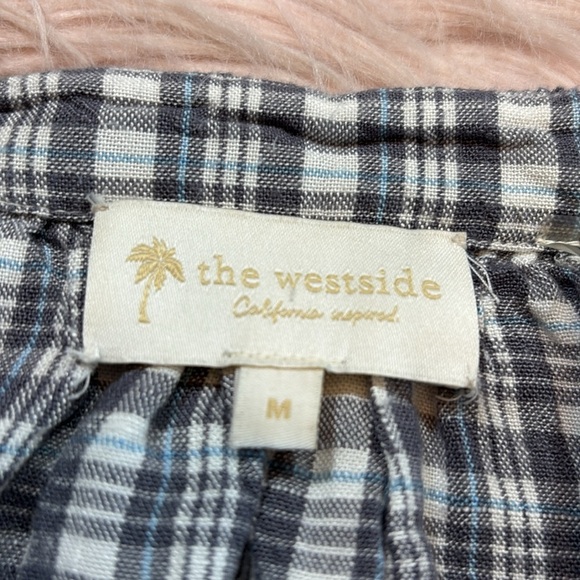 The Westside Grey Blue Plaid Tie Neck Peasant Top sz M - Picture 3 of 9